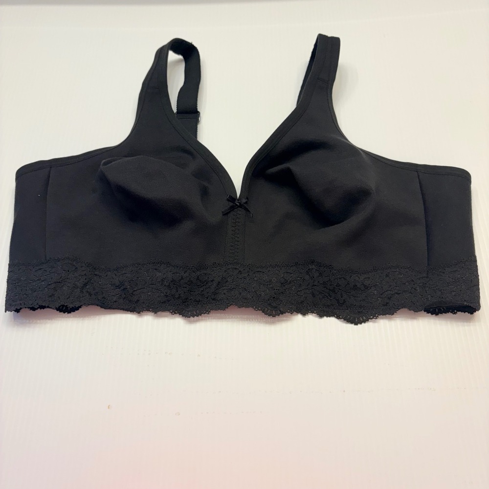 Cacique Full Coverage Bra Womens 44D Black Lace Trim No Wire Unlined Lingerie